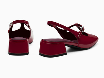 Coutgo Womens Mary Jane Slingback Low Heels T Strap Chunky Heel Closed Toe Pumps Wedding Party Dress Shoes, Deep Red, Size 6.5