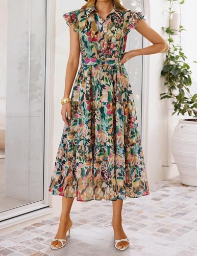 ZESICA Women's Summer Floral Midi Dress 2026 Casual Flutter Short Sleeve Chiffon Button Down Wedding Guest Party Dresses Green Small