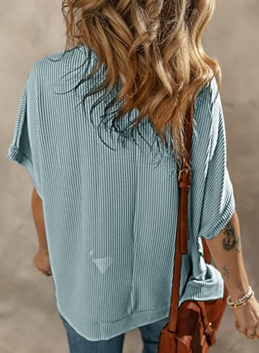 Dokotoo Womens Ladies Plus Size Tops for Women 2026 Fashion Summer Short Sleeve Solid Casual T-Shirts Work Business Loose Tee Shirts Texture Waffle Knit Tunic Top Blouses Blue XX-Large