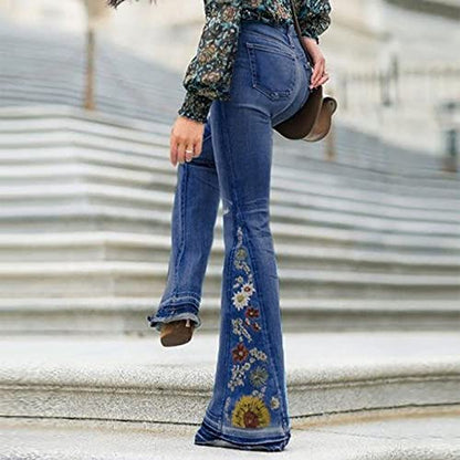 Rfm Jeans - Womens Floral Embroidered Flare Bell Bottom Jeans Stretch Western Bootcut Jeans Long Denim Pants