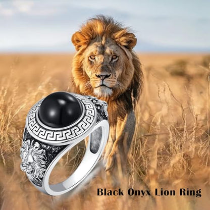 QKABTI Men's 925 Sterling Silver Greek Key Lion Ring, Black Onyx Regal Statement Band for Men Size 11