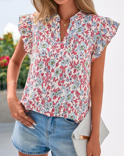 Zenlonr Womens Dressy Casual Tops 2026 Summer Ruffle Cap Sleeve V Neck Shirts Boho Floral Blouses Vacation Outfits(Floral Beige Multi,Large)