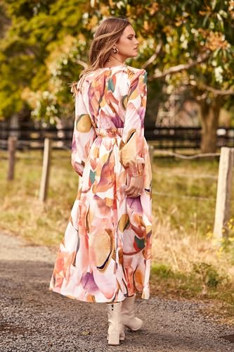 PRETTYGARDEN Women's Floral Midi Dress Casual Fall V Neck Long Sleeve Flowy Spring Beach Wedding Guest Vacation Dresses (Pink Watercolour,Large)
