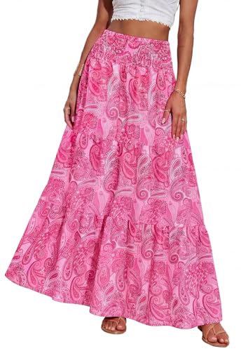 PRETTYGARDEN Floral Summer Long Skirts for Women Trendy Cruise Outfits High Waist Bohemian Beach Vacation Flowy Maxi Skirt (Pink Floral, X-Large)