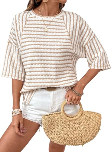 Dokotoo Spring Tops for Women 3/4 Sleeve Women's Clothing Boho Striped Crewneck Oversized Tshirts Dressy Casual Fashion Easter T Shirts Lightweight Pullover Comfy Basic Tees Blouses Apricot Medium