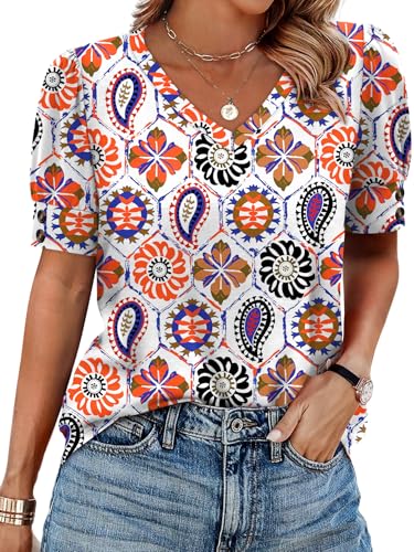 Womens Blouses Dressy Casual Short Sleeve Shirts Spring Business Work Floral Summer Tops Plus Size Fashion Clothing V Neck Tshirts Grey 2XL
