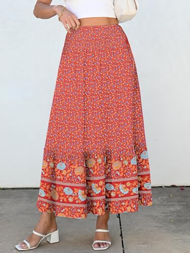 ANRABESS Maxi Skirts for Women 2026 Summer Boho Long Flowy Floral Elastic High Waist Skirt Casual Travel Skirt with Pockets Red Blue Floral Medium
