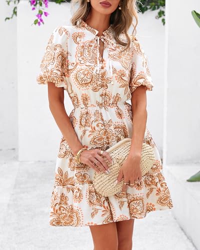 BTFBM Women Summer Floral Short Dresses V Neck Short Sleeve Tiered Ruffle Boho Swing Dress A-Line Mini Dresses(White Apricot Floral,Large)