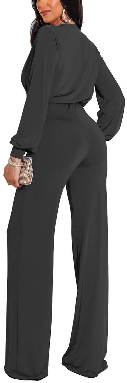 shengfan Formal Jumpsuits for Women Dressy Evening Sexy Deep V Neck Plus Size Long Wide Leg Pants Rompers Clubwear