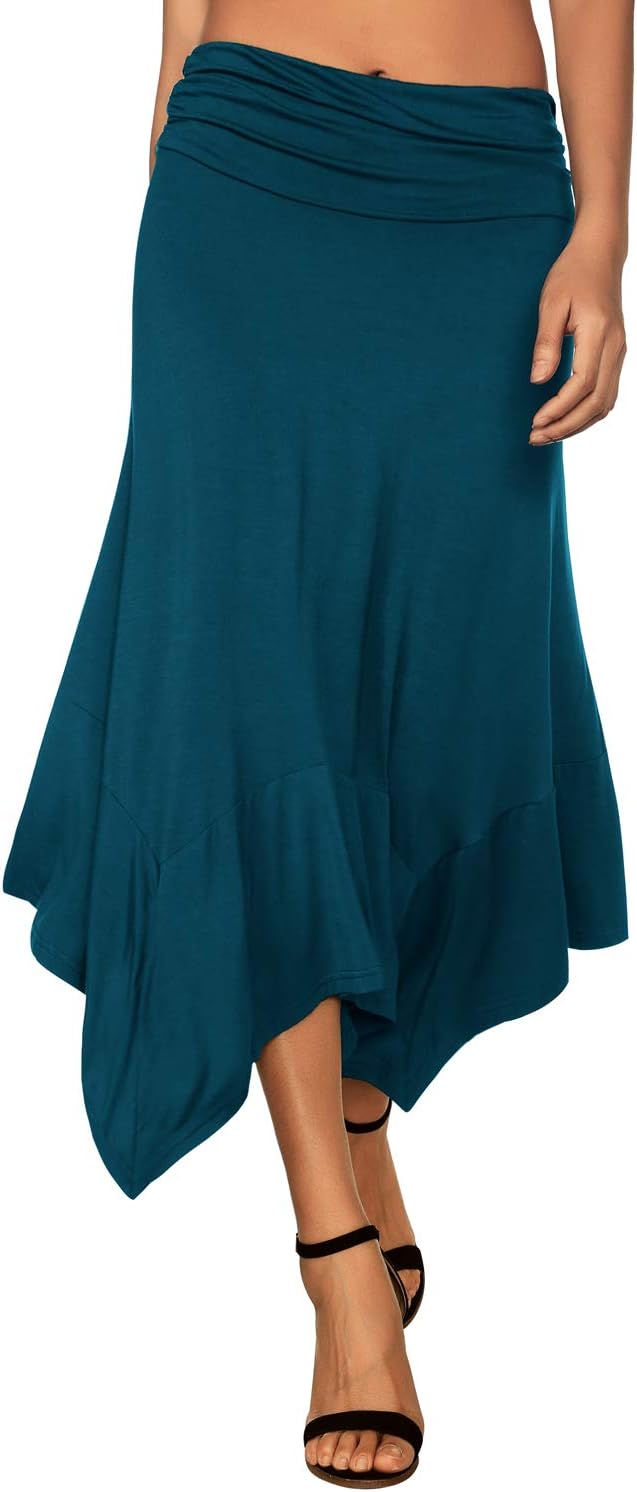 Women's Flowy Handkerchief Hemline Midi Skirt - Elastic Waist Asymmetrical Hem Teal