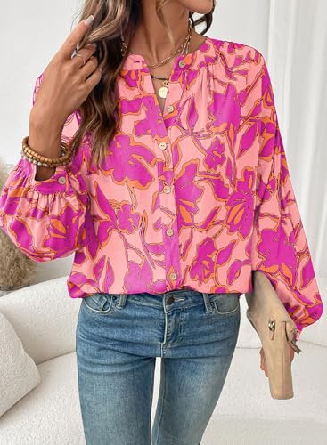 Astylish Womens Bohemian Plus Size Clothing Floral Oversized Summer Tops Abstract Flowy Ruched V Neck Breathable Lantern Sleeve Blouses Office Casual Button Up Shirts Pink XX-Large
