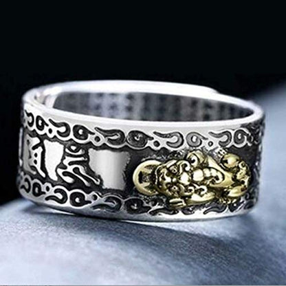 HJ HUAJ 990 Silver Feng Shui Ring PiXiu Rings Protection Wealth Adjustable Gift for Men and Women
