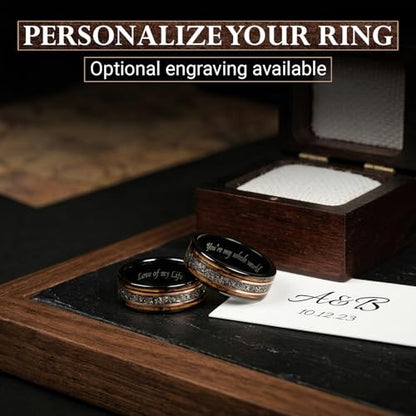 Risty Olivo Men’s Tungsten Wedding Band - 8mm Black Comfort Fit Meteorite Ring with Whiskey Wood Inlay - Rustic Handmade Tungsten Rings for Special Occasions and Meaningful Gifts - (120, Size 9)