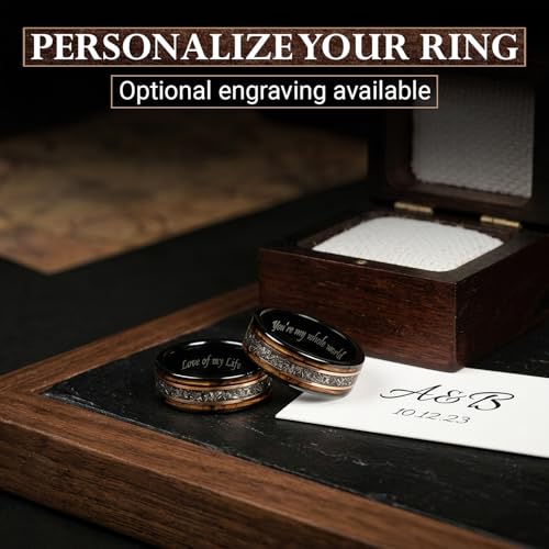 Risty Olivo Men’s Tungsten Wedding Band - 8mm Black Comfort Fit Meteorite Ring with Whiskey Wood Inlay - Rustic Handmade Tungsten Rings for Special Occasions and Meaningful Gifts - (120, Size 9)
