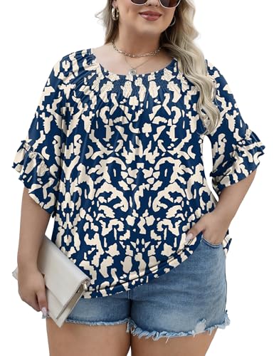 Women's Plus-Size Fashion 2025 Trendy Womens 3/4 Sleeve Tops and Blouses Ruffle Bell Sleeve Pleated Dressy Casual Tops
