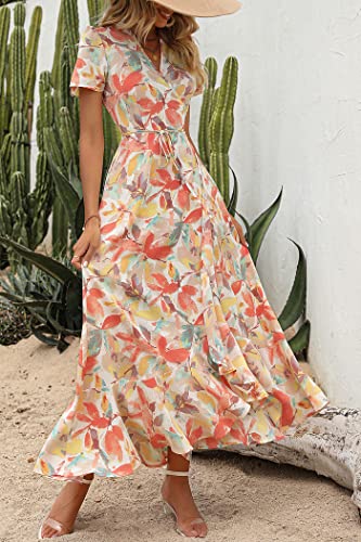 PRETTYGARDEN Women's Summer Wrap Maxi Dress Casual Boho Floral V Neck Short Sleeve Ruffle Hem Split Beach Long Dresses (White Floral,Medium)