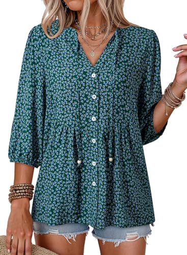 Dokotoo Summer Tops for Women Boho 3/4 Sleeve Shirts Button Down Tie V Neck Bohemian Floral Printed Babydoll Peplum Dressy Casual Ladies Elegant Loose Work Office Blouses Plus Size Green XX-Large