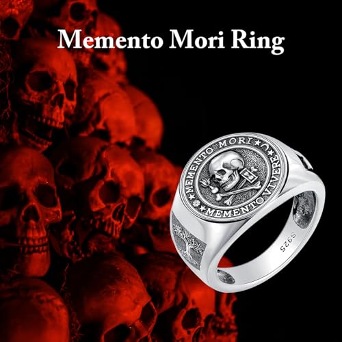 MEIDERBO Memento Mori Ring 925 Sterling Silver Gothic Skull Signet Rings Tree of Life for Men Stoic Jewelry Memento Vivere Gifts Size 13