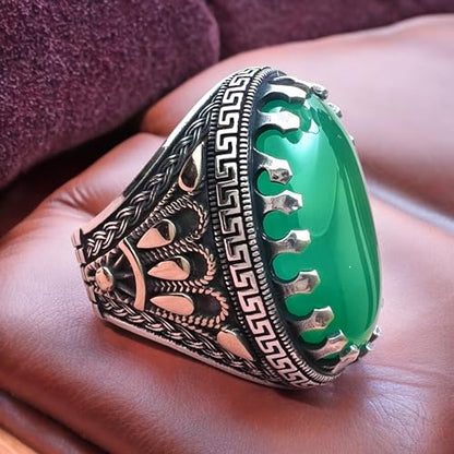 Big Stone,Yemen's Verdant Beauty Large Green Agate Ring in 925 Sterling Silver,Authentic Yemeni Agate Stone in 925 Silver - Statement Piece عقیق یمانی (11.5)