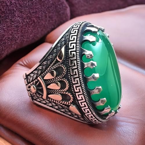 Big Stone,Yemen's Verdant Beauty Large Green Agate Ring in 925 Sterling Silver,Authentic Yemeni Agate Stone in 925 Silver - Statement Piece عقیق یمانی (11.5)