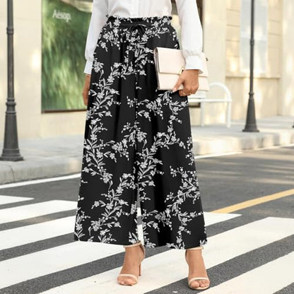 Bestbee Womens Plus Size Palazzo Pants Dressy Casual Wide Leg Gaucho Pant Business Flowy Slacks Elastic Waist with Pockets, 2XL, Black-White Flower