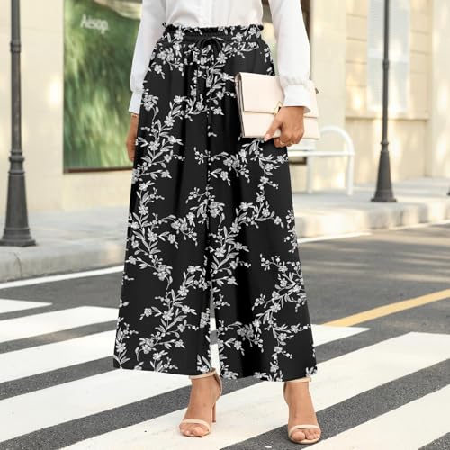 Bestbee Womens Plus Size Palazzo Pants Dressy Casual Wide Leg Gaucho Pant Business Flowy Slacks Elastic Waist with Pockets, 2XL, Black-White Flower