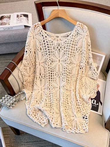MakeMeChic Women's Plus Size Boho Tops Crochet Sweater Dolman Sleeve Beach Cover Up Plus Beige 3XL