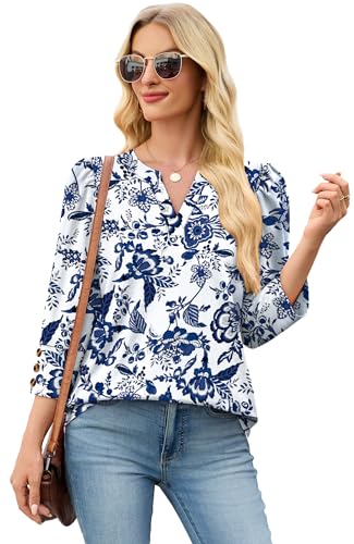 Boho Tops for Women 3/4 Length Sleeve Womens Tops Blouses Dressy Casual Early Fall Fashion 2026 Spring Outfits for Teachers Plus Size Summer Women's Clothing Trendy Fall Clothes Blue Floral 2XL