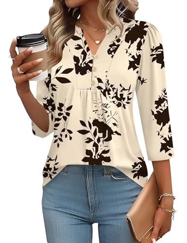 IECCP Womens Tops Dressy Casual Blouses Business Casual 2025 Summer 3/4 Sleeve Shirts Cute V Neck Puff Pleated Tunic Top (Apricot Black Floral,XL)