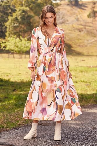 PRETTYGARDEN Women's Floral Midi Dress Casual Fall V Neck Long Sleeve Flowy Spring Beach Wedding Guest Vacation Dresses (Pink Watercolour,Large)