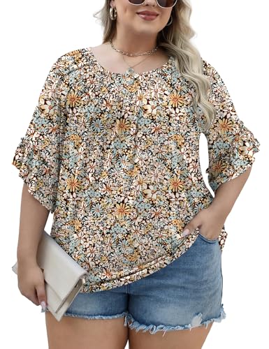 Women's Plus-Size Fashion 2025 Trendy Womens 3/4 Sleeve Tops and Blouses Ruffle Bell Sleeve Pleated Dressy Casual Tops