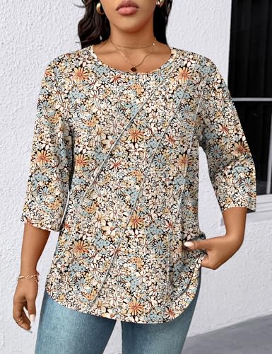 LOMON Spring Tops for Women 2026 Spring Fashion Boho Plus Size Womens Tops Elbow Sleeve Women Crew Neck Womens Fall Spring Summer Fashion 2026 Floral Boho 2X
