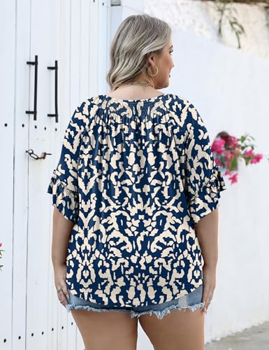 Women's Plus-Size Fashion 2025 Trendy Womens 3/4 Sleeve Tops and Blouses Ruffle Bell Sleeve Pleated Dressy Casual Tops