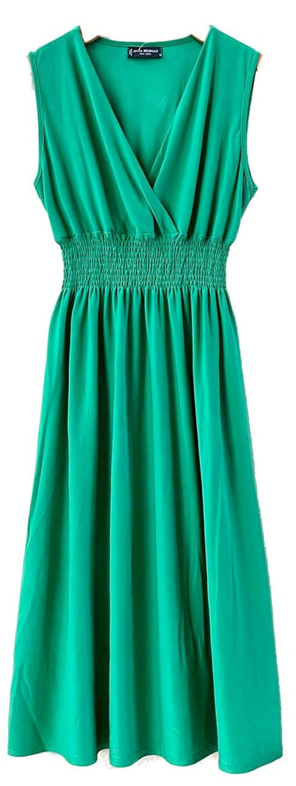 Smocked Maxi Dress - V Neck Exotic Print Dress for Maternity & Plus Size Solid Kelly Green