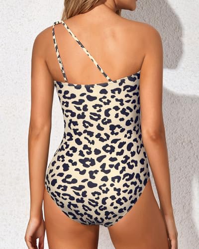 Holipick One Shoulder One Piece Swimsuit for Women Tummy Control Bathing Suits Modest Full Coverage Keyhole Swimwear Leopard