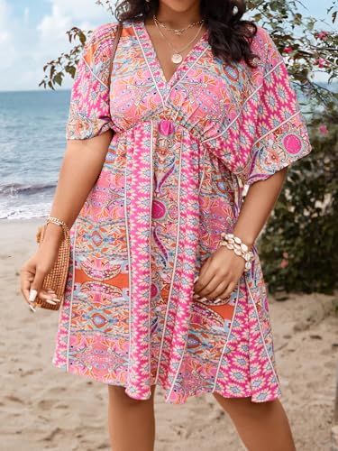 Floerns Women's Plus Size Wrap V Neck Short Sleeve Ruffle Hem A Line Short Dress Pink Tribal 2XL