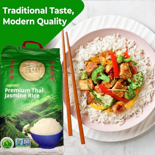 25 Pounds (LBS) Premium Thai Hom Mali Jasmine Rice | Endorsed By Pro Chefs | Four Elephants Brand | DIY Friendly Cooking Instructions Packaging