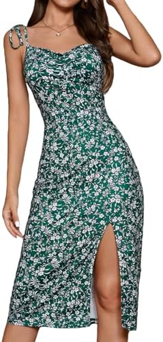 Sundresses - Floerns Women's Summer Split Thigh Spaghetti Strap Cami Midi Floral Dress Dark Green