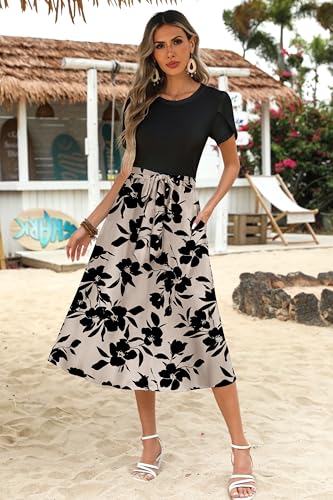 Zeagoo Womens Midi Dress Summer Short Sleeve Dress with Pockets 2025 Casual Floral T-Shirt Dress Flowy Beach Sundress