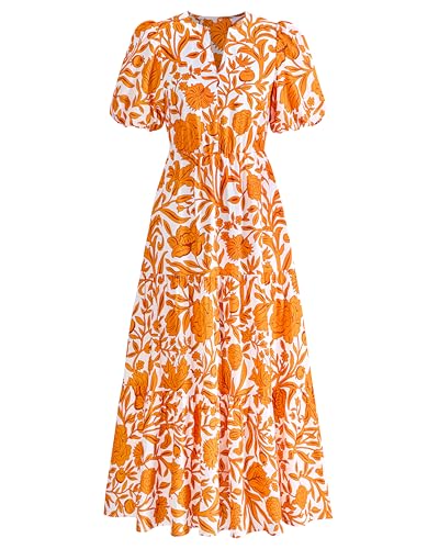 dowerme Womens Summer Dresses 2026 Casual Puff Short Sleeve V Neck Floral Boho Tiered Ruffle Maxi Dress with Pockets(White Orange Yellow,Large)