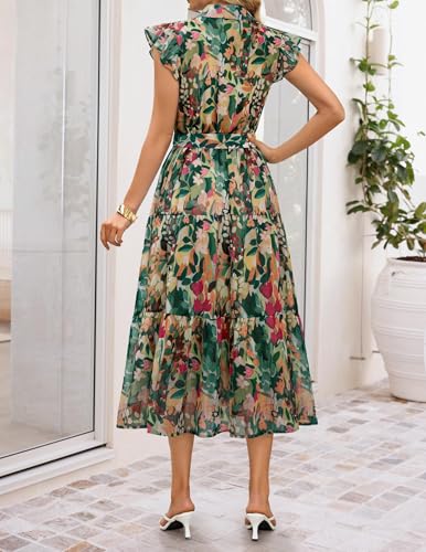 ZESICA Women's Summer Floral Midi Dress 2026 Casual Flutter Short Sleeve Chiffon Button Down Wedding Guest Party Dresses Green Small