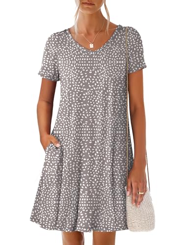 ANRABESS Women's Summer T Shirt Dress Casual V Neck Short Sleeve Floral Boho Flowy Mini Dresses 2026 Beach Vacation Clothes Light Brown White Spots Large