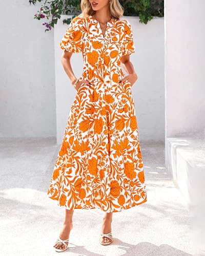 dowerme Womens Summer Dresses 2026 Casual Puff Short Sleeve V Neck Floral Boho Tiered Ruffle Maxi Dress with Pockets(White Orange Yellow,Large)