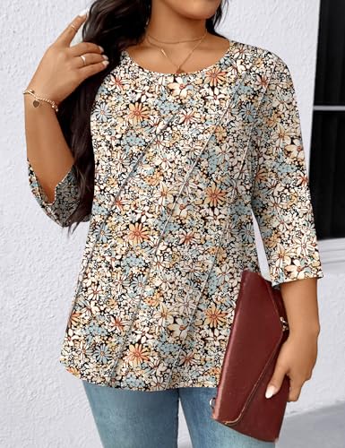LOMON Spring Tops for Women 2026 Spring Fashion Boho Plus Size Womens Tops Elbow Sleeve Women Crew Neck Womens Fall Spring Summer Fashion 2026 Floral Boho 2X