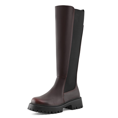 PODAIK Women’s Knee High Boots Platform Stretch Lug Sole Riding Boots Round Toe Elastic Comfortable Fashion Dress Boots with Side Zipper(10,burgundy)