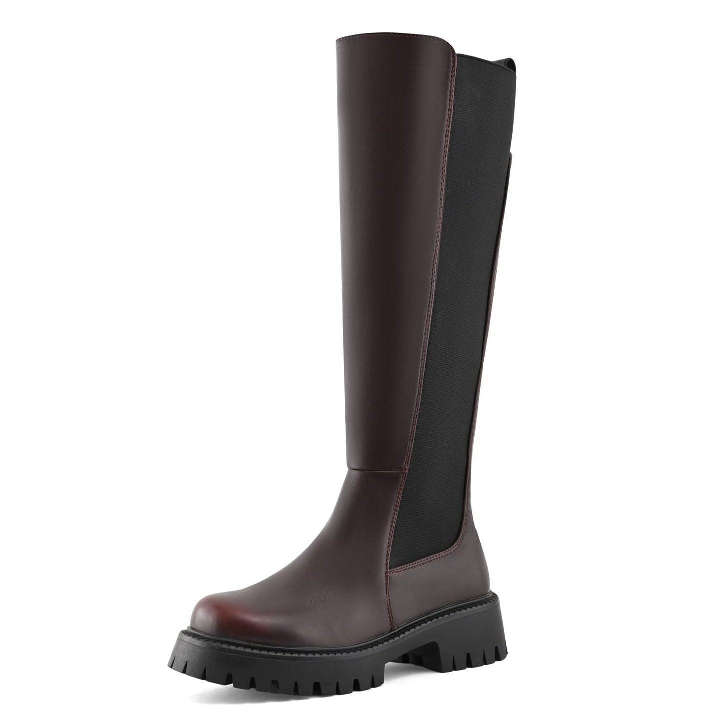PODAIK Women’s Knee High Boots Platform Stretch Lug Sole Riding Boots Round Toe Elastic Comfortable Fashion Dress Boots with Side Zipper(10,burgundy)