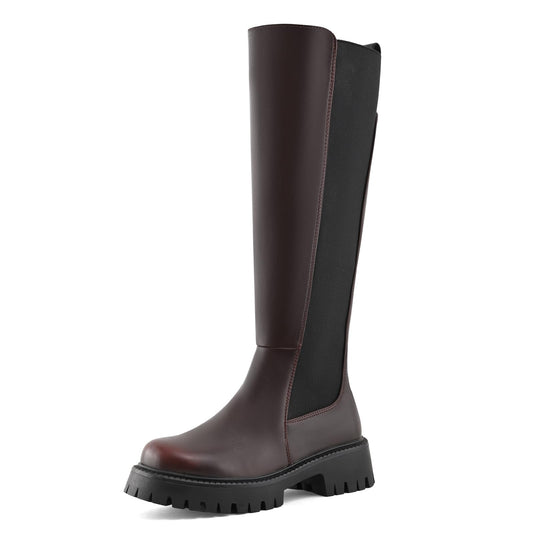 PODAIK Women’s Knee High Boots Platform Stretch Lug Sole Riding Boots Round Toe Elastic Comfortable Fashion Dress Boots with Side Zipper(10,burgundy)
