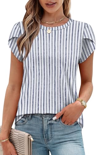 Blouses for Women Buinsess Casual Outfits Spring Tops Womens Clothes Trendy 2026 T Shirts for Women Dressy Tops Cap Sleeve Vacation Outfts Blue Stripes S