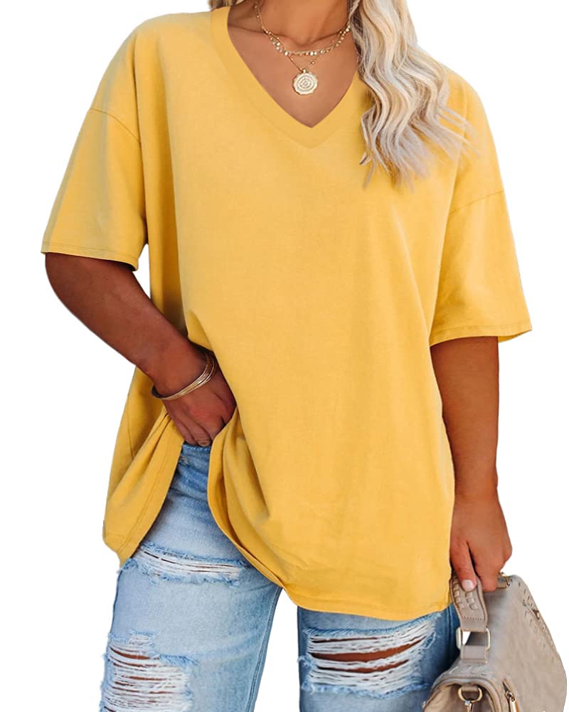 Cato Fashions Online - Women's Plus Size V-Neck Cotton T-Shirts - Summer Half Sleeve Casual Loose Fit Tunic Tops Yellow
