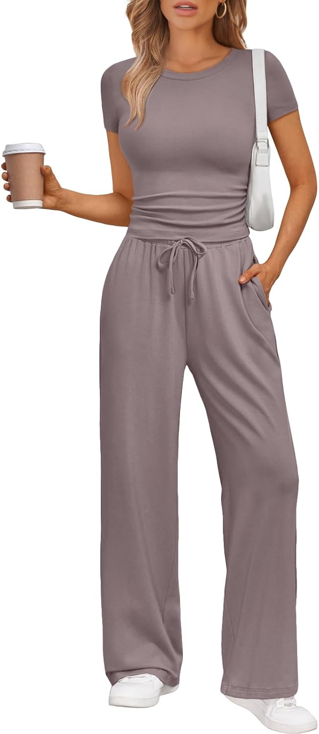 Women's 2 Piece Matching Sweatsuit Wide Leg Pants Crop Top Set